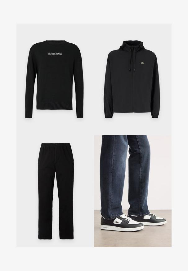 Jachetă neagră cu fermoar și glugă, fabricată din material ușor. Are manșete elastice și un mic logo verde pe pieptul stâng.; Pulover negru cu mâneci lungi, tiv și manșete cu nervuri, având brodat în alb "GUESS JEANS" pe partea din față. Textură moale din tricot.; Pantaloni negri dintr-un material textil amestecat de bumbac, cu croială dreaptă, talie elastică cu nasture și fără modele sau accente vizibile.; Adidași Lacoste negri și albi cu un superior din piele texturată, având un design cu șireturi și o talpă din cauciuc alb. Purtați cu blugi închiși la culoare.