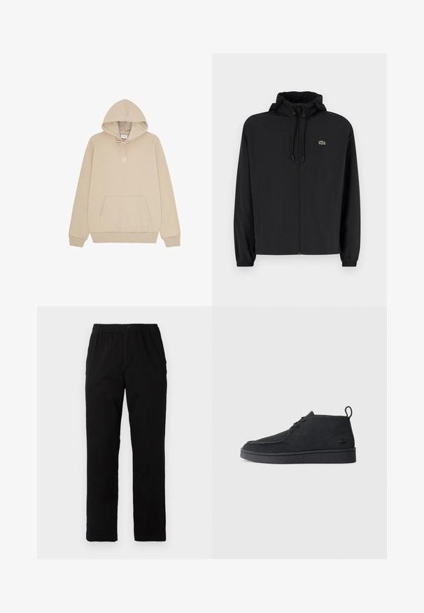 Crna jakna na zip s kapuljačom, izrađena od laganog materijala. Ima elastične manžete i mali zeleni logotip na lijevoj strani prsnog koša.; Bež majica s kapuljačom, prednjim džepom u stilu kengura, kapuljačom s vezicama, rebrastim manžetnama i bijelim natpisom "II" na prsima.; Crne hlače od pamuka s dodatkom, ravnog kroja, s elastičnim pojasom i dugmetom, bez vidljivih uzoraka ili ukrasa.; Crne antilop čizme do gležnja sa vezicama, kopčom za povlačenje i teksturiranom potplatom, s malim utisnutim logom krokodila sa strane.