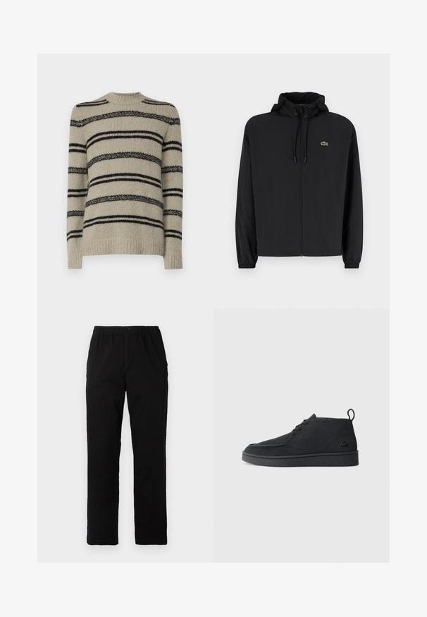 Giacca nera con zip e cappuccio, realizzata in materiale leggero. Caratterizzata da polsini elasticizzati e un piccolo logo verde sul petto sinistro.; Maglione beige con strisce nere, texture lavorata a maglia, design a girocollo e maniche lunghe. Presenta strisce di spessore variabile per un maggiore dettaglio.; Pantaloni neri realizzati in un tessuto misto cotone, caratterizzati da un taglio dritto, vita elastica con bottone e senza motivi o dettagli visibili.; Stivale alla caviglia in suede nero con lacci, dotato di una linguetta per il tiraggio e suola testurizzata, caratterizzato da un piccolo logo a forma di coccodrillo embossato sul lato.