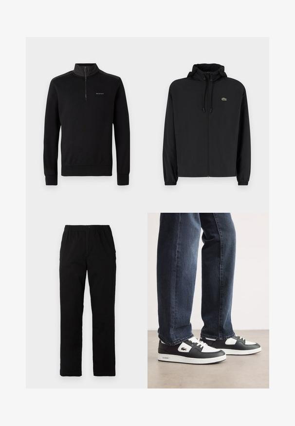Fekete, kapucnis, cipzáras dzseki, könnyű anyagból készült. Rugalmas mandzsettákkal és egy kis zöld logóval rendelkezik a bal mellrészen.; Fekete pulóver fél cipzárral a nyakán, hosszú ujjakkal és logóval a mellkason. Simaságot biztosító textúrával és formára szabott mandzsettákkal rendelkezik.; Fekete pamut keverék anyagú nadrág, egyenes szabású, rugalmas derékrésszel és gombbal, látható minták vagy díszítések nélkül.; Fekete-fehér Lacoste sportcipők, texturált bőrből készült felső résszel, fűzős kivitelben és fehér gumitalppal. Sötét farmernadrággal viselve.