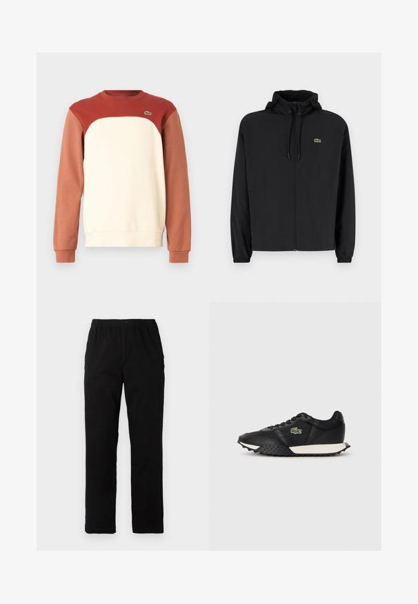 Giacca nera con zip e cappuccio, realizzata in materiale leggero. Caratterizzata da polsini elasticizzati e un piccolo logo verde sul petto sinistro.; Felpa girocollo con parte superiore rossa, centro crema e maniche inferiori marroni. Realizzata in tessuto morbido con un piccolo dettaglio del logo.; Pantaloni neri realizzati in un tessuto misto cotone, caratterizzati da un taglio dritto, vita elastica con bottone e senza motivi o dettagli visibili.; Sneaker nere con finitura in pelle liscia, dotate di suola in gomma testurizzata, intersuola bianca e logo ricamato verde sul lato.