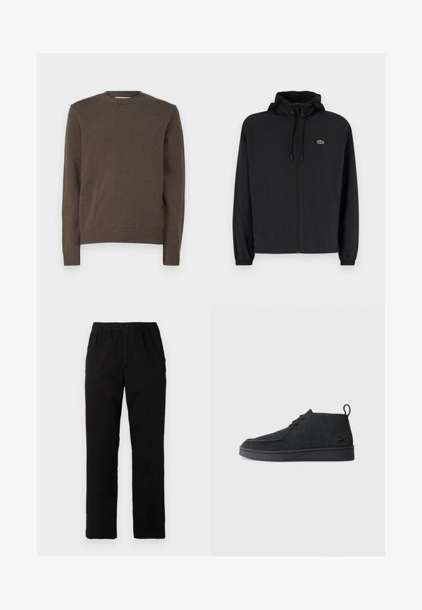 Mustmust jacket, millel näpsuga, kergest materjalist. Omab elastseid mansette ja väikest rohelist logo vasakul rinnal.; Pruunist kudumist kampsunist, millel on ümmargune kaelus, pikad varrukad, soonikkoes ääred ja mansetid, mis omavad sujuvat tekstuuri kogu pikkuses.; Mustad mustreid, puuvillast segakanga valmistatud mustad püksid, mis on sirge lõikega, elastse vöökoht ja nööp, ilma nähtavate mustrite või aktsentideta.; Must värvi sametist nööbitavad ankle-kingad tõmbluku ja tekstureeritud tallaga, millel on külgedel väike reljeefne krokodillilogo.