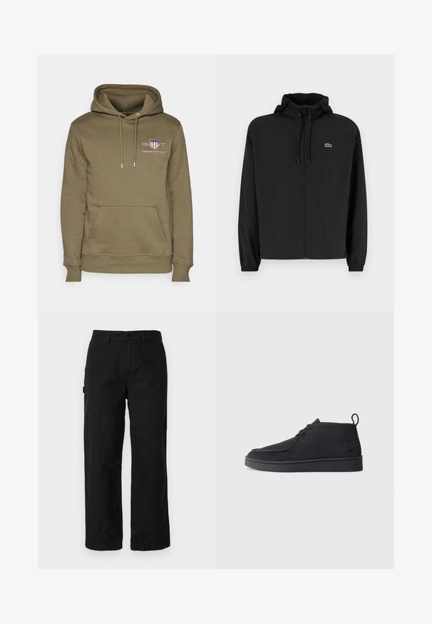 Fekete, kapucnis, cipzáras dzseki, könnyű anyagból készült. Rugalmas mandzsettákkal és egy kis zöld logóval rendelkezik a bal mellrészen.; Olíva zöld kapucnis pulóver kenguruzsebbel, fűzős kapucnival és hímzett logóval, amely pajzs mintázatú és felirat található a mellkason.; Fekete pamut cargo nadrág egyenes lábvonallal, oldalzsebekkel és elülső gombos záródással. Tartós anyag, sima textúrával.; Fekete velúr, fűzős bokacsizma, húzófüllel és texturált talppal, oldalt kis, dombornyomott krokodil logóval.