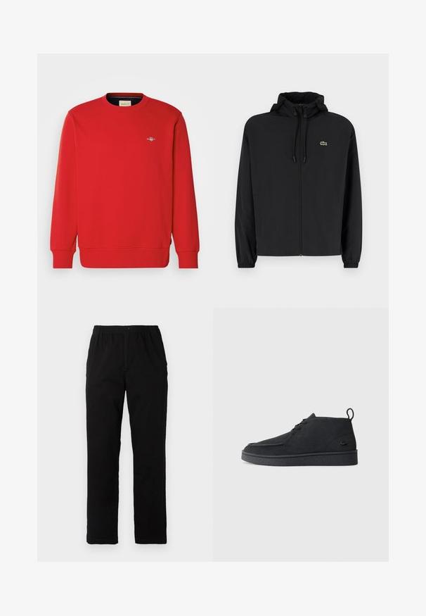 Giacca nera con zip e cappuccio, realizzata in materiale leggero. Caratterizzata da polsini elasticizzati e un piccolo logo verde sul petto sinistro.; Felpa rossa con maniche lunghe, colletto a giro e polsini a coste. Presenta un piccolo logo al centro del petto. Realizzata in un tessuto liscio e misto.; Pantaloni neri realizzati in un tessuto misto cotone, caratterizzati da un taglio dritto, vita elastica con bottone e senza motivi o dettagli visibili.; Stivale alla caviglia in suede nero con lacci, dotato di una linguetta per il tiraggio e suola testurizzata, caratterizzato da un piccolo logo a forma di coccodrillo embossato sul lato.