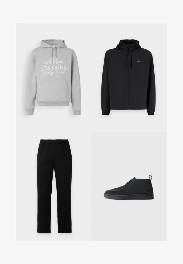 Giacca nera con zip e cappuccio, realizzata in materiale leggero. Caratterizzata da polsini elasticizzati e un piccolo logo verde sul petto sinistro.; Hoodie grigio realizzato in tessuto morbido, con tasca frontale, cappuccio con cordino e testo stampato bianco: "LES DEUX Sporting Goods EST. 2011."; Pantaloni neri realizzati in un tessuto misto cotone, caratterizzati da un taglio dritto, vita elastica con bottone e senza motivi o dettagli visibili.; Stivale alla caviglia in suede nero con lacci, dotato di una linguetta per il tiraggio e suola testurizzata, caratterizzato da un piccolo logo a forma di coccodrillo embossato sul lato.