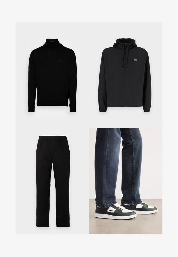 Fekete, kapucnis, cipzáras dzseki, könnyű anyagból készült. Rugalmas mandzsettákkal és egy kis zöld logóval rendelkezik a bal mellrészen.; Fekete garbó, bordázott textúrával, hosszú ujjakkal, testhezálló fazonnal, diszkrét Lacoste logóval a mellkason, közepes súlyú kötött anyagból.; Fekete pamut keverék anyagú nadrág, egyenes szabású, rugalmas derékrésszel és gombbal, látható minták vagy díszítések nélkül.; Fekete-fehér Lacoste sportcipők, texturált bőrből készült felső résszel, fűzős kivitelben és fehér gumitalppal. Sötét farmernadrággal viselve.