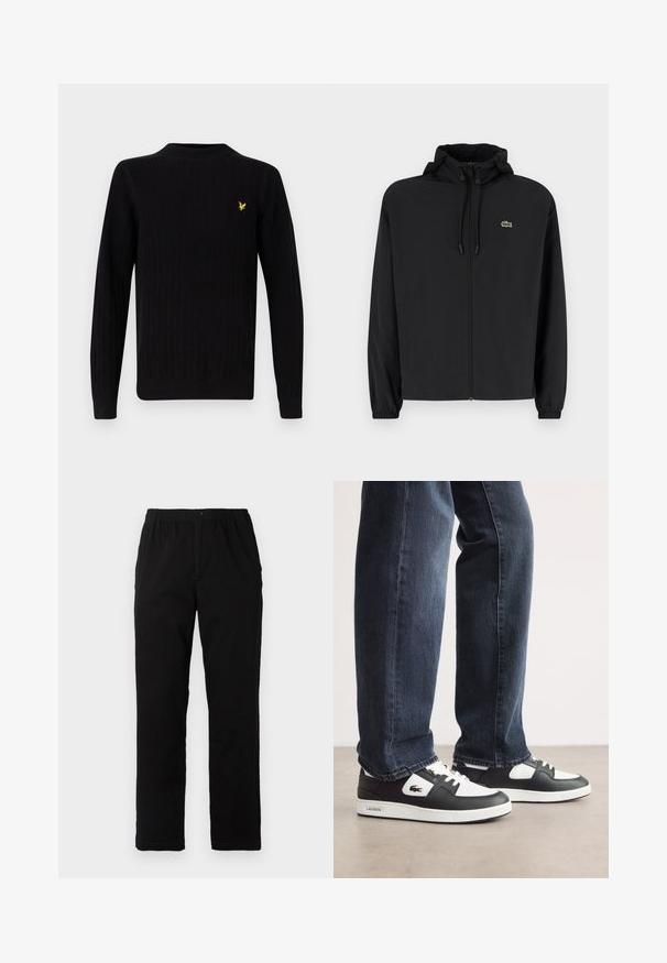 Schwarze Zip-Jacke mit Kapuze, aus leichtem Material hergestellt. Verfügt über elastische Bündchen und ein kleines grünes Logo auf der linken Brust.; Schwarzer gerippter Strickpullover mit Rundhalsausschnitt, langen Ärmeln und einem kleinen gelben Vogel-Logo auf der Brust. Strukturiertes Gewebedetail.; Schwarze Hosen aus einem Baumwollmischgewebe, mit geradem Schnitt, elastischem Bund mit Knopf und ohne sichtbare Muster oder Akzente.; Schwarz-weiße Lacoste-Sneaker mit einem Obermaterial aus strukturiertem Leder, ausgestattet mit einem Schnürdesign und einer weißen Gummiaußensohle. Getragen mit dunklen Jeans.
