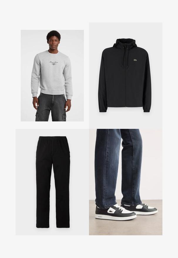 Black zip-up jacket with a hood, made of lightweight material. Features elastic cuffs and a small green logo on the left chest.; Gray sweatshirt with crew neck, ribbed cuffs, and hem. Features "Guess Jeans" logo and emblem in black on the chest. Worn with dark cargo pants.; Black pants made of cotton blend fabric, featuring a straight cut, elastic waistband with button, and no visible patterns or accents.; Black and white Lacoste sneakers with a textured leather upper, featuring a lace-up design and a white rubber outsole. Worn with dark jeans.