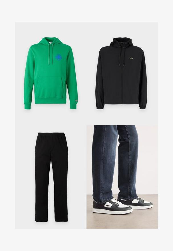 Juodas užtrauktukas striukė su gaubtu, pagaminta iš lengvos medžiagos. Savybės: elastiniai apykaklės ir mažas žalias logotipas kairėje krūtinės pusėje.; Žalias džemperis su kengūros kišene, su raišteliu reguliuojama kapuche ir purpuriniu siuvinėtu logotipu ant krūtinės. Su raukšlėtais rankogaliais ir apačia. Minkšta tekstūra.; Juodi kelnės, pagamintos iš medvilnės mišinio, su tiesiomis kirpimo linijomis, elastingu liemeniu su mygtuku ir be aiškių raštų ar akcentų.; Juodos ir baltos Lacoste sportbačiai su tekstūruota odine viršutine dalimi, turi raištelių užsegimą ir baltą guminį pado. Avėti su tamsiomis džinsinėmis kelnėmis.