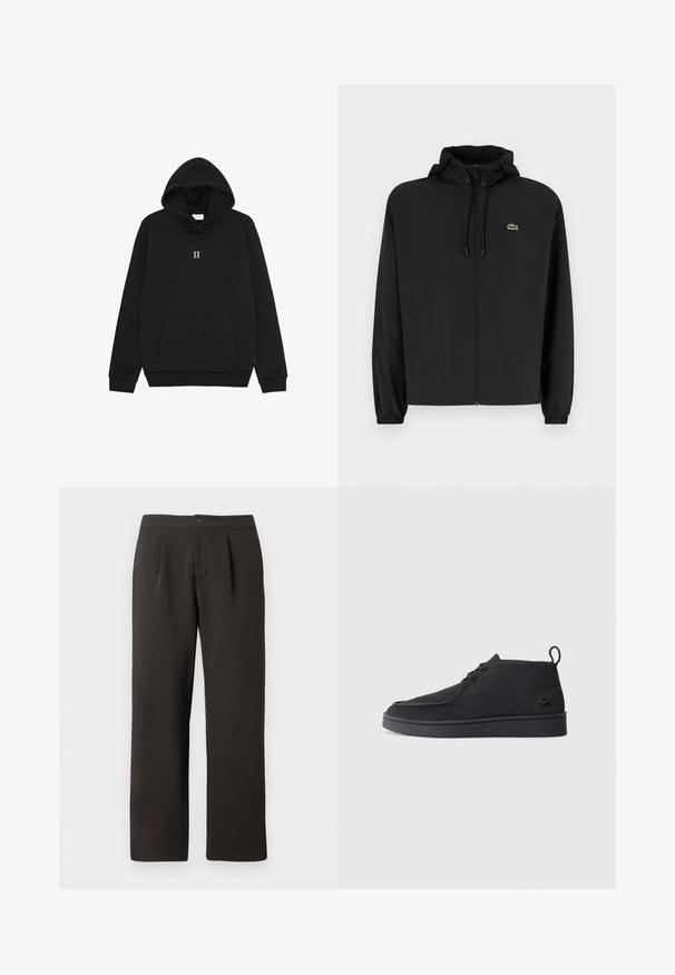 Veste noire à fermeture éclair avec capuche, fabriquée en matériau léger. Présente des poignets élastiques et un petit logo vert sur la poitrine gauche.; Hoodie noir en tissu doux, avec capuche à cordon, poche kangourou à l'avant et un petit graphique 'II' sur la poitrine.; Pantalon droit brun foncé avec une taille plate, deux plis et une fermeture à bouton. Fabriqué en tissu lisse avec une légère texture.; Bottines en suède noir à lacets avec tirant et semelle texturée, présentant un petit logo de crocodile embossé sur le côté.