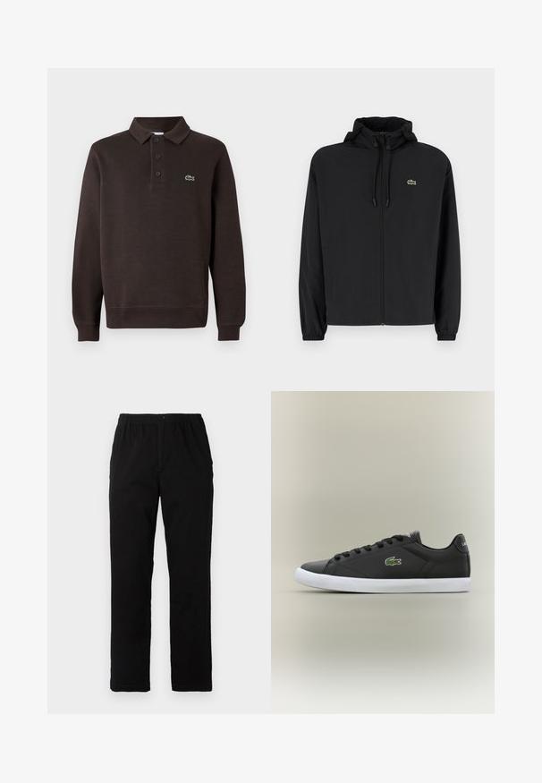 Crna jakna na zip s kapuljačom, izrađena od laganog materijala. Ima elastične manžete i mali zeleni logotip na lijevoj strani prsnog koša.; Smeđi dukserica s dugim rukavima od teksturiranog materijala, s otvorom na tri dugmeta i malim Lacoste logom na prsima.; Crne hlače od pamuka s dodatkom, ravnog kroja, s elastičnim pojasom i dugmetom, bez vidljivih uzoraka ili ukrasa.; Crne kožne tenisice s bijelim gumenim potplatom, s zelenim krokodilom kao logotipom i okruglim vezicama, elegantnog dizajna s glatkom teksturom.