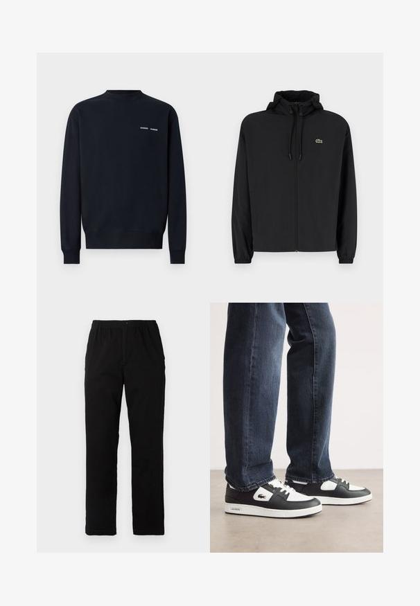 Crna jakna na zip s kapuljačom, izrađena od laganog materijala. Ima elastične manžete i mali zeleni logotip na lijevoj strani prsnog koša.; Tamno plavi dukserica od pamuka. Ima okrugli izrez, duge rukave i dva mala bijela logotipa branda na gornjem lijevom dijelu prsnog koša.; Crne hlače od pamuka s dodatkom, ravnog kroja, s elastičnim pojasom i dugmetom, bez vidljivih uzoraka ili ukrasa.; Crno-bijele Lacoste tenisice s teksturiranim kožnim gornjim dijelom, s vezanjem i bijelim gumiranim potplatom. Nosi se s tamnim trapericama.