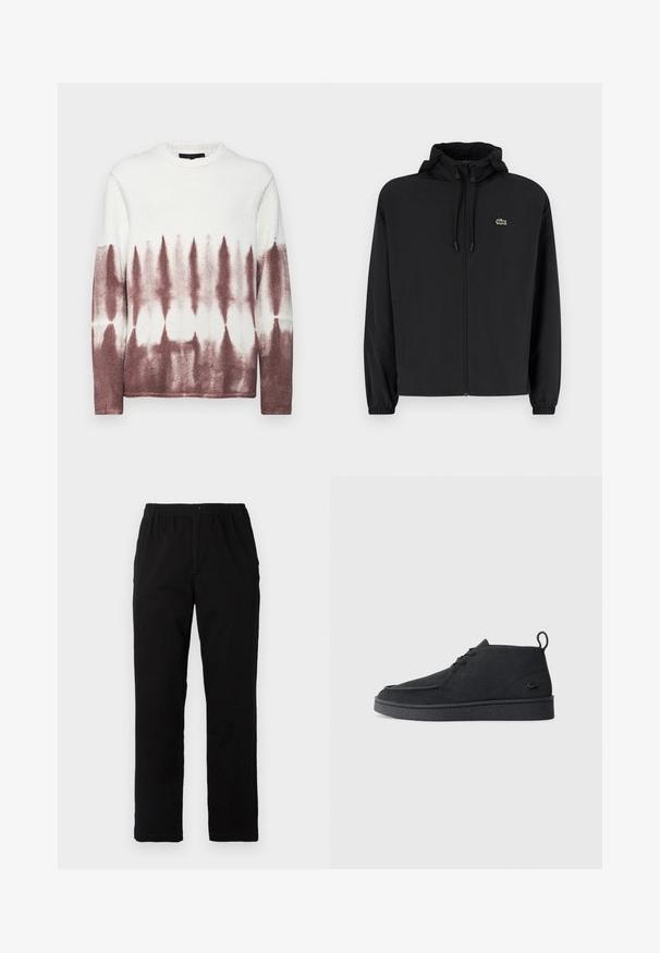 Svart zip-jacka med huva, tillverkad av lätt material. Har elastiska muddar och en liten grön logotyp på vänster bröst.; Fleecekrepp med rund hals som har ett batikmönster med vitt upptill som övergår i en bourgognefärg nedtill. Mjuk textur.; Svarta byxor i en blandning av bomull, med rak passform, elastisk midja med knapp och utan synliga mönster eller accenter.; Svart mocka snörning ankle boot med dragtab och strukturerad sula, med en liten präglad krokodil-logotyp på sidan.