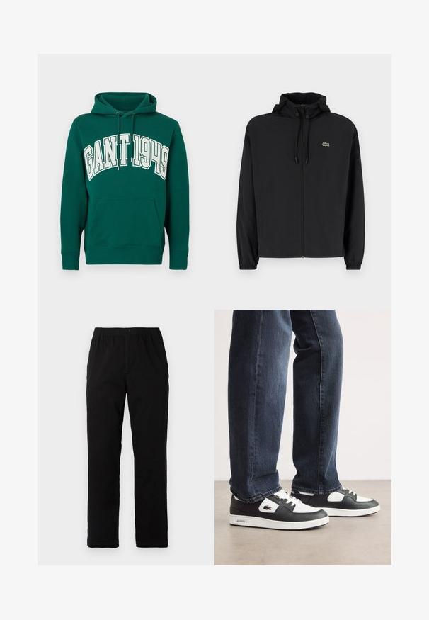 Black zip-up jacket with a hood, made of lightweight material. Features elastic cuffs and a small green logo on the left chest.; Green hoodie with a front kangaroo pocket, featuring the text "GANT 1949" in large white letters across the chest. Drawstring hood.; Black pants made of cotton blend fabric, featuring a straight cut, elastic waistband with button, and no visible patterns or accents.; Black and white Lacoste sneakers with a textured leather upper, featuring a lace-up design and a white rubber outsole. Worn with dark jeans.