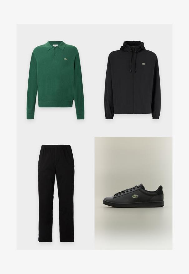 Črna jakna na zadrgo s kapuco, izdelana iz lahkega materiala. Ima elastične manšete in majhen zeleni logotip na levem prsnem delu.; Zeleni pleten polo pulover s ovratnikom, zapenjanjem na tri gumbe in Lacoste logotipom. Ima rebraste manšete in rob za oprijet videz.; Črne hlače iz mešanice bombaža, s ravnim krojem, elastičnim pasom z gumbom in brez vidnih vzorcev ali akcentov.; Črn nizki usnjeni tekač s črnimi vezalkami, ki ima na strani zeleno krokodilovo ikono, postavljen na enotnem nevtralnem ozadju.