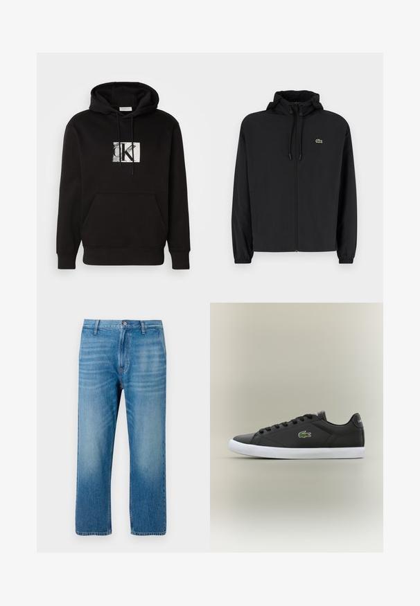 Casaco preto com fecho éclair e capuz, feito de material leve. Apresenta punhos elásticos e um pequeno logotipo verde no lado esquerdo do peito.; Moleton preto com bolso canguru na frente e um logótipo gráfico em branco e cinza. Feito de um tecido suave com capuz ajustável.; Calças de ganga azul claro com um corte reto, design de cinco bolsos, fecho de botão e desbotamento subtil na parte da frente. Sem padrões visíveis.; Tênis de couro preto com sola de borracha branca, apresentando um logotipo de crocodilo verde e cadarços redondos, design elegante com textura suave.