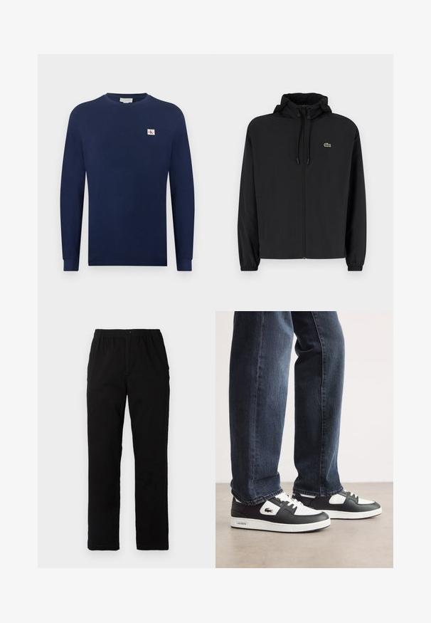 Black zip-up jacket with a hood, made of lightweight material. Features elastic cuffs and a small green logo on the left chest.; Navy blue long-sleeve sweatshirt in ribbed texture, featuring a small logo patch on the left chest and round neckline.; Black pants made of cotton blend fabric, featuring a straight cut, elastic waistband with button, and no visible patterns or accents.; Black and white Lacoste sneakers with a textured leather upper, featuring a lace-up design and a white rubber outsole. Worn with dark jeans.