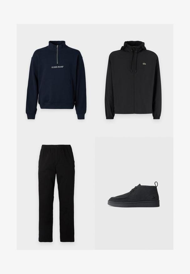 Svart zip-up jakke med hette, laget av lett materiale. Har elastiske mansjetter og en liten grønn logo på venstre bryst.; Mørkeblå fleecepullover med halv glidelås og høy krage, med en frontlomme i kenguru-stil og "GUESS JEANS"-logo i hvit brodering.; Sorte bukser laget av bomullsblandet stoff, med rett snitt, elastisk midjebånd med knapp, og uten synlige mønstre eller detaljer.; Svart semsket snøring ankelstøvel med drageløkke og teksturert såle, med en liten preget krokodillelogo på siden.
