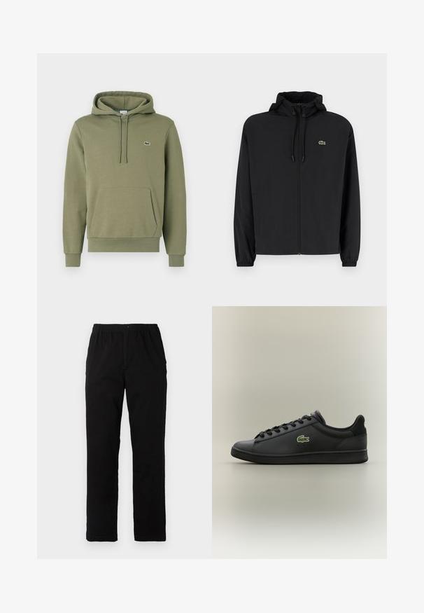 Čierna mikina na zips s kapucňou, vyrobená z ľahkého materiálu. Má elastické manžety a malú zelenú značku na ľavej hrudi.; Olivovo zelená mikina s kapucňou vyrobená z bavlnenej zmesi. Má kengurí vrecko, kapucňu so šnúrkou a malé vyšívané logo na hrudi.; Čierne nohavice vyrobené z bavlnenej zmesi, so strihom rovného strihu, elastickým pásom s gombíkom a bez viditeľných vzorov alebo akcentov.; Čierne nízke kožené tenisky s čiernymi šnúrkami, na boku s zeleným logom krokodíla, umiestnené na jednoduchom neutrálnom pozadí.