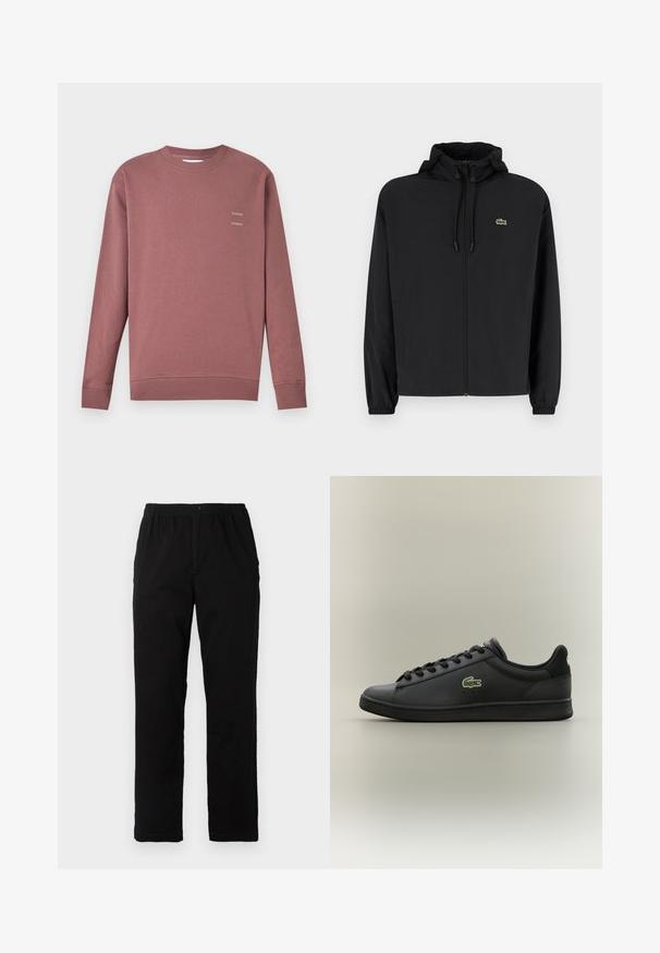 Čierna mikina na zips s kapucňou, vyrobená z ľahkého materiálu. Má elastické manžety a malú zelenú značku na ľavej hrudi.; Samsøe Samsøe JOEL CREW NECK - Mikina - rose taupe; Čierne nohavice vyrobené z bavlnenej zmesi, so strihom rovného strihu, elastickým pásom s gombíkom a bez viditeľných vzorov alebo akcentov.; Čierne nízke kožené tenisky s čiernymi šnúrkami, na boku s zeleným logom krokodíla, umiestnené na jednoduchom neutrálnom pozadí.