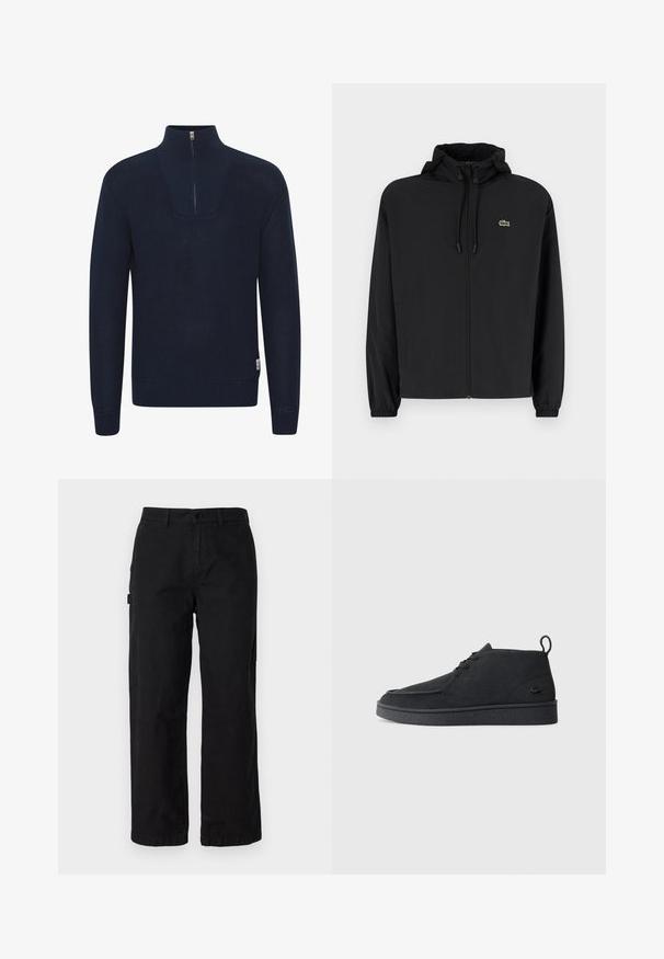 Mustmust jacket, millel näpsuga, kergest materjalist. Omab elastseid mansette ja väikest rohelist logo vasakul rinnal.; Solid SDChristo - Džemper - insignia blue; Mustadest puuvillast cargo pükstest sirge jala disainiga, küljetaskud ja esine nööbi sulgemine. Vastupidav kangas, mis on sileda tekstuuriga.; Must värvi sametist nööbitavad ankle-kingad tõmbluku ja tekstureeritud tallaga, millel on külgedel väike reljeefne krokodillilogo.