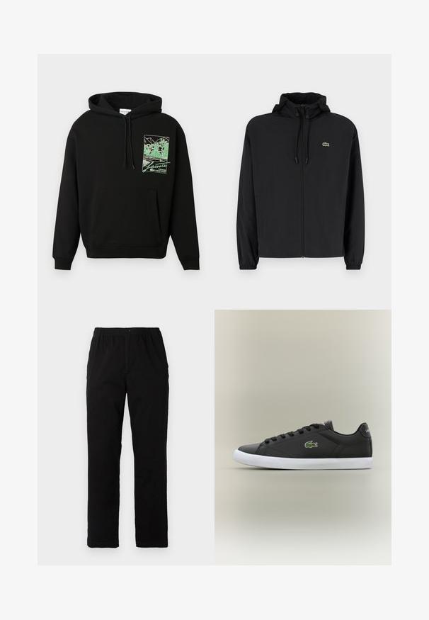 Svart zip-up jakke med hette, laget av lett materiale. Har elastiske mansjetter og en liten grønn logo på venstre bryst.; Svart hettegenser med frontlomme og grønn grafikk av tennisbane og trær, merket "Lacoste Tennis Heritage" på brystet.; Sorte bukser laget av bomullsblandet stoff, med rett snitt, elastisk midjebånd med knapp, og uten synlige mønstre eller detaljer.; Svarte lær sneakers med hvit gummisåle, med grønt krokodillelogo og runde snører, elegant design med glatt tekstur.