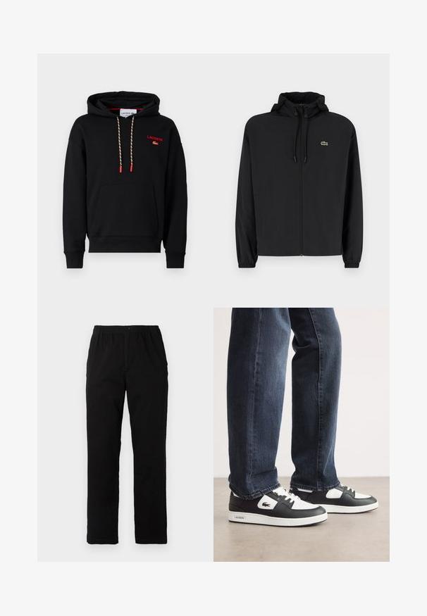 Fekete, kapucnis, cipzáras dzseki, könnyű anyagból készült. Rugalmas mandzsettákkal és egy kis zöld logóval rendelkezik a bal mellrészen.; Fekete kapucnis pulóver elülső zsebbel, piros hímzett logóval és többszínű zsinórokkal. Pamut anyag ribbelt mandzsettákkal.; Fekete pamut keverék anyagú nadrág, egyenes szabású, rugalmas derékrésszel és gombbal, látható minták vagy díszítések nélkül.; Fekete-fehér Lacoste sportcipők, texturált bőrből készült felső résszel, fűzős kivitelben és fehér gumitalppal. Sötét farmernadrággal viselve.