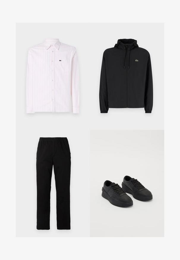 Giacca nera con zip e cappuccio, realizzata in materiale leggero. Caratterizzata da polsini elasticizzati e un piccolo logo verde sul petto sinistro.; Lacoste Camicia - white/flamingo; Pantaloni neri realizzati in un tessuto misto cotone, caratterizzati da un taglio dritto, vita elastica con bottone e senza motivi o dettagli visibili.; Sneaker nere in pelle liscia con suola ammortizzata. Le caratteristiche includono lacci piatti, perforazioni sulla punta e una silhouette elegante.