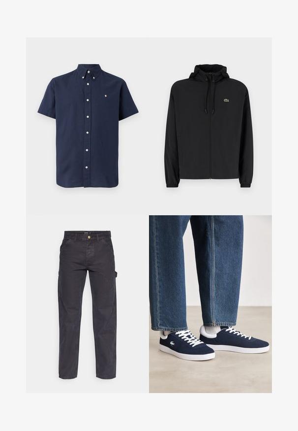 Czarna kurtka zapinana na zamek z kapturem, wykonana z lekkiego materiału. Posiada elastyczne mankiety oraz małe zielone logo na lewej piersi.; Koszula z krótkim rękawem w kolorze granatowym, wykonana z bawełny, z kołnierzykiem na guziki, guzikami z przodu oraz małym haftowanym logo na klatce piersiowej.; Ciemnoszare spodnie cargo wykonane z trwałej tkaniny, z prostymi nogawkami, pięcioma kieszeniami i zapięciem na guzik w talii.; Niebieskie płócienne sneakersy z białymi sznurowadłami i gumowymi podeszwami, wyeksponowane z dżinsowymi spodniami i szarymi skarpetkami prążkowanymi, na jasnoszarym podłożu.