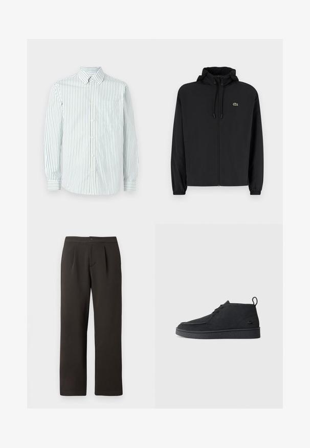 Black zip-up jacket with a hood, made of lightweight material. Features elastic cuffs and a small green logo on the left chest.; Les Deux KENT - Shirt - white; Dark brown, straight-leg trousers with a flat front, two pleats, and a button closure. Made of smooth fabric with a slight texture.; Black suede lace-up ankle boot with pull tab and textured sole, featuring small embossed crocodile logo on the side.