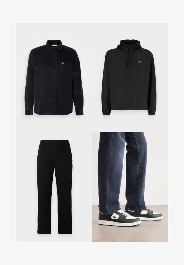 Svart zip-jacka med huva, tillverkad av lätt material. Har elastiska muddar och en liten grön logotyp på vänster bröst.; Svart kordfljord skjorta med lång ärm, knäppning, spetsig krage och ficka på vänster bröst med en liten grön logotyp.; Svarta byxor i en blandning av bomull, med rak passform, elastisk midja med knapp och utan synliga mönster eller accenter.; Svarta och vita Lacoste-sneakers med en texturerad läderövre, med snörningsdesign och en vit gummisula. Bärs med mörka jeans.