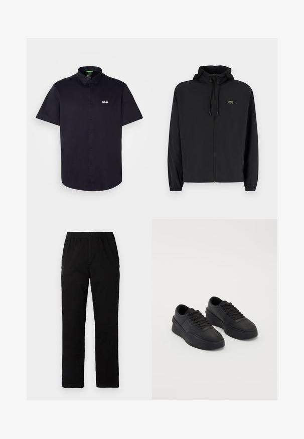 Μαύρο μπουφάν με φερμουάρ και κουκούλα, κατασκευασμένο από ελαφρύ υλικό. Διαθέτει ελαστικούς καρπούς και ένα μικρό πράσινο λογότυπο στο αριστερό στήθος.; Μαύρο κοντομάνικο πουκάμισο από βαμβάκι, με κολάρο που κουμπώνει, εμπρόσθια κουμπιά και λευκό λογότυπο "BOSS" στο αριστερό στήθος.; Μαύρο παντελόνι από ύφασμα με βαμβακερό μίγμα, με ίσια γραμμή, ελαστική μέση με κουμπί και χωρίς ορατά σχέδια ή διακοσμητικά.; Μαύρα αθλητικά παπούτσια από μαλακό δέρμα, με εξαιρετικά απορροφητική σόλα. Περιλαμβάνουν επίπεδη κορδόνια, τρύπες στην μύτη και κομψό σιλουέτα.