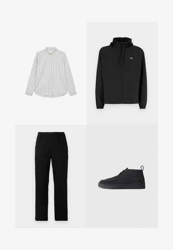Chaqueta negra con cremallera y capucha, hecha de material ligero. Cuenta con puños elásticos y un pequeño logo verde en el lado izquierdo del pecho.; Camisa de algodón de botones con mangas largas, con rayas verticales azules y crema, cuello puntiagudo y dobladillo redondeado. Incluye botones en la parte delantera.; Pantalones negros de tejido de mezcla de algodón, con corte recto, cintura elástica con botón y sin patrones o acentos visibles.; Botines de ante negros con cordones, tirador en la parte trasera y suela texturizada, que presentan un pequeño logo de cocodrilo en relieve en el lateral.