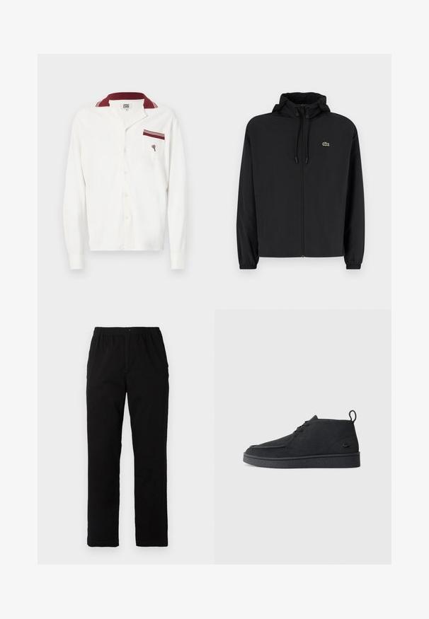 Fekete, kapucnis, cipzáras dzseki, könnyű anyagból készült. Rugalmas mandzsettákkal és egy kis zöld logóval rendelkezik a bal mellrészen.; Fehér hosszúujjú ing texturált anyagból, bordó színű gallérral, és egy zsebekkel, amelyek bordó részletet és hímzett mintát tartalmaznak.; Fekete pamut keverék anyagú nadrág, egyenes szabású, rugalmas derékrésszel és gombbal, látható minták vagy díszítések nélkül.; Fekete velúr, fűzős bokacsizma, húzófüllel és texturált talppal, oldalt kis, dombornyomott krokodil logóval.