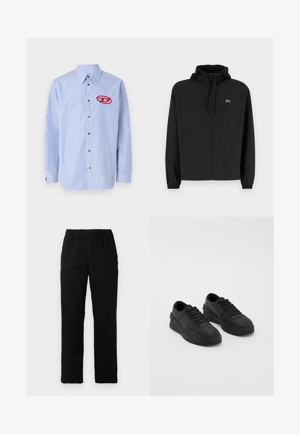 Juodas užtrauktukas striukė su gaubtu, pagaminta iš lengvos medžiagos. Savybės: elastiniai apykaklės ir mažas žalias logotipas kairėje krūtinės pusėje.; Dryžuotas mėlynos ir baltos spalvos marškiniai su ilgomis rankovėmis, apykakle ir raudonu siuvinėtu logotipu kairėje krūtinės pusėje.; Juodi kelnės, pagamintos iš medvilnės mišinio, su tiesiomis kirpimo linijomis, elastingu liemeniu su mygtuku ir be aiškių raštų ar akcentų.; Juodi sportbačiai, pagaminti iš lygaus odos, su paminkštintu padu. Ypatybės: plokščios raišteliai, perforacijos ant pirštų srities ir elegantiška siluetas.
