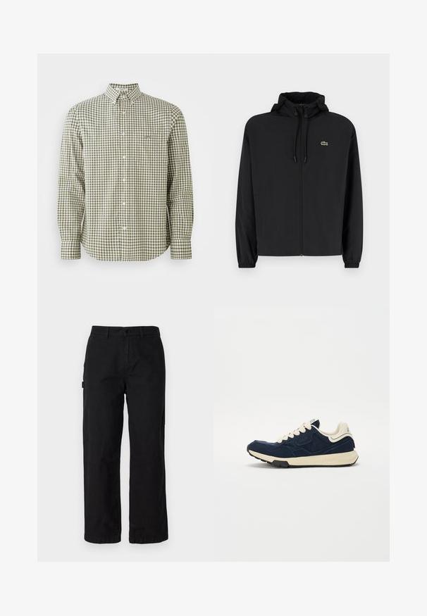 Juodas užtrauktukas striukė su gaubtu, pagaminta iš lengvos medžiagos. Savybės: elastiniai apykaklės ir mažas žalias logotipas kairėje krūtinės pusėje.; Žalias ir baltas languotas ilgomis rankovėmis marškinys su mygtukų apykakle, turintis mažą krūtinės kišenę ir baltus mygtukus.; Juodos medvilnės cargo kelnės su tiesiomis kojomis, turinčios šonines kišenes ir priekinį mygtuko užsegimą. Patvari medžiaga su lygiu tekstūru.; Tamsiai mėlynos spalvos sportbačiai su tekstūruota zomšinė viršutine dalimi, kreminėmis raišteliais ir smėlio spalvos viduriu. Yra klasikinio sportinio dizaino ir guma dengtu padu.