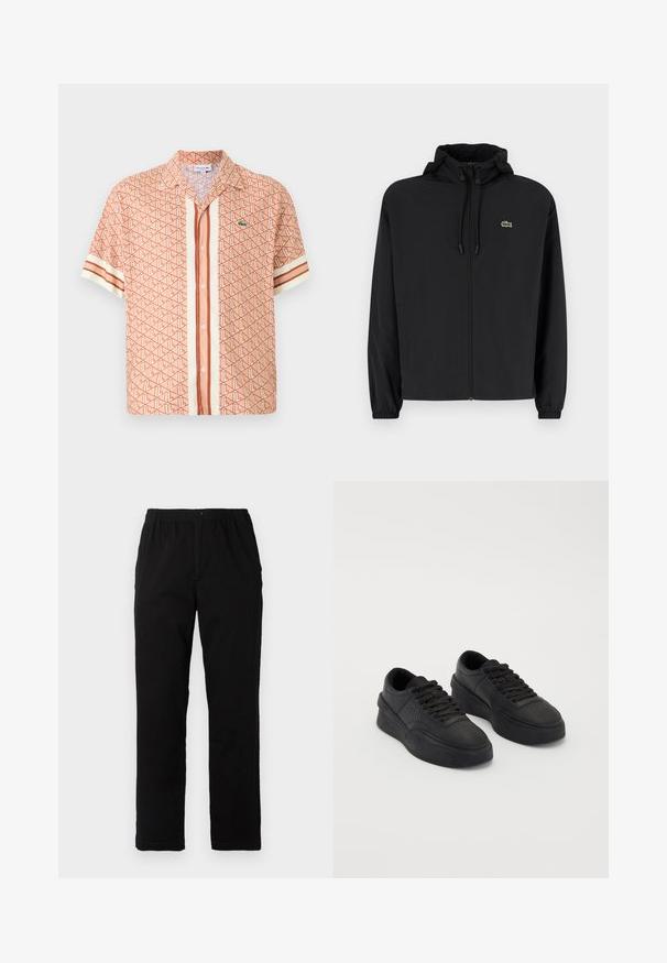 Μαύρο μπουφάν με φερμουάρ και κουκούλα, κατασκευασμένο από ελαφρύ υλικό. Διαθέτει ελαστικούς καρπούς και ένα μικρό πράσινο λογότυπο στο αριστερό στήθος.; Κοντομάνικο πουκάμισο σε κοραλλί χρώμα, με γεωμετρικό σχέδιο, κάθετες ρίγες και μια μικρή λογότυπο διακόσμηση στο στήθος. Κλείσιμο με κουμπιά μπροστά.; Μαύρο παντελόνι από ύφασμα με βαμβακερό μίγμα, με ίσια γραμμή, ελαστική μέση με κουμπί και χωρίς ορατά σχέδια ή διακοσμητικά.; Ζευγάρι μαύρα χαμηλά αθλητικά παπούτσια με κορδόνια, χοντρές σόλες και διάτρητες λεπτομέρειες στην περιοχή των δαχτύλων μπροστά σε απλό φόντο.