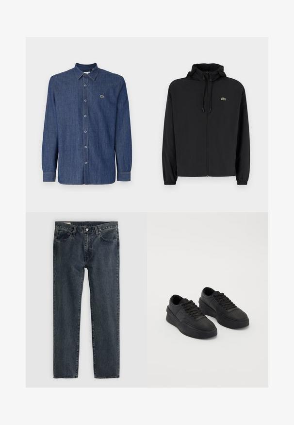 Mustmust jacket, millel näpsuga, kergest materjalist. Omab elastseid mansette ja väikest rohelist logo vasakul rinnal.; Tume sinine denim pikkade varrukatega särgiga, millel on nööpidega krae, ees nööpide rida ja väike roheline logo rinnal.; Tumedat sinised teksapüksid sirge jalaga disainiga, viie taskuga ja nupuga sulgemine. Kanga peal on peenheledus ja tekstuur.; Mustad nahast mustad sneekerid, millel on pehme tald. Omadusteks on lapikud paelad, perforatsioonid varvaste piirkonnas ja voolujooneline siluett.