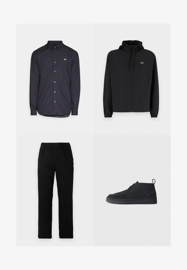 Svart zip-jacka med huva, tillverkad av lätt material. Har elastiska muddar och en liten grön logotyp på vänster bröst.; Mörkblå skjorta med lång ärm som har en knäppkrage, silverfärgade knappar och en grön logotyp på bröstet. Tillverkad av mjukt tyg.; Svarta byxor i en blandning av bomull, med rak passform, elastisk midja med knapp och utan synliga mönster eller accenter.; Svart mocka snörning ankle boot med dragtab och strukturerad sula, med en liten präglad krokodil-logotyp på sidan.