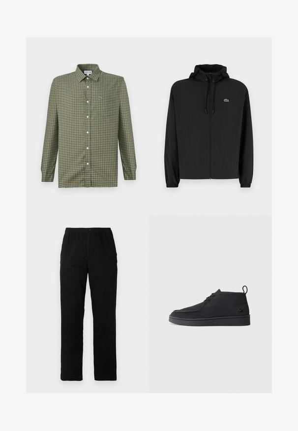 Svart zip-up jakke med hette, laget av lett materiale. Har elastiske mansjetter og en liten grønn logo på venstre bryst.; Grønn rutete knappskjorte med krage, lange ermer og en liten Lacoste-logo på venstre bryst. Laget av lett stoff.; Sorte bukser laget av bomullsblandet stoff, med rett snitt, elastisk midjebånd med knapp, og uten synlige mønstre eller detaljer.; Svart semsket snøring ankelstøvel med drageløkke og teksturert såle, med en liten preget krokodillelogo på siden.