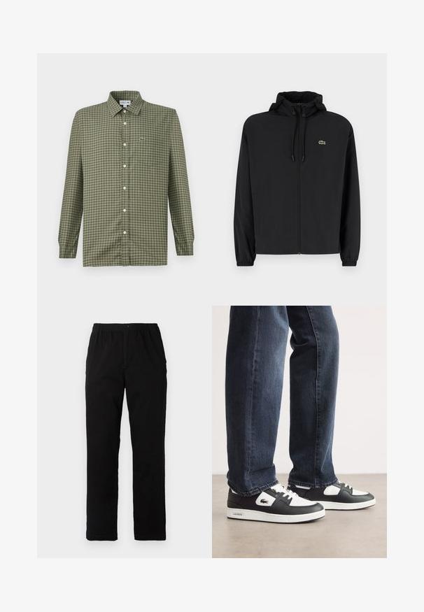 Fekete, kapucnis, cipzáras dzseki, könnyű anyagból készült. Rugalmas mandzsettákkal és egy kis zöld logóval rendelkezik a bal mellrészen.; Zöld kockás gombos ing, gallérral, hosszú ujjal, bal mellkason egy kis Lacoste logóval. Könnyű anyagból készült.; Fekete pamut keverék anyagú nadrág, egyenes szabású, rugalmas derékrésszel és gombbal, látható minták vagy díszítések nélkül.; Fekete-fehér Lacoste sportcipők, texturált bőrből készült felső résszel, fűzős kivitelben és fehér gumitalppal. Sötét farmernadrággal viselve.