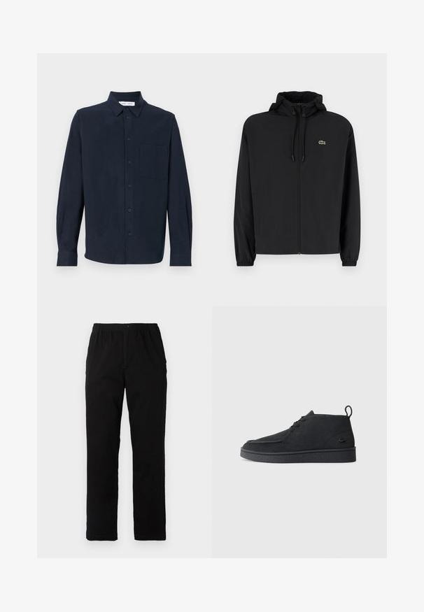 Schwarze Zip-Jacke mit Kapuze, aus leichtem Material hergestellt. Verfügt über elastische Bündchen und ein kleines grünes Logo auf der linken Brust.; Navy-blaues Langarmhemd aus weichem Stoff, mit durchgehender Knopfleiste, spitzem Kragen und einer einzelnen Brusttasche.; Schwarze Hosen aus einem Baumwollmischgewebe, mit geradem Schnitt, elastischem Bund mit Knopf und ohne sichtbare Muster oder Akzente.; Schwarze Wildleder Schnürstiefelette mit Zuglasche und strukturiertem Boden, ausgestattet mit kleinem eingeprägtem Krokodil-Logo an der Seite.