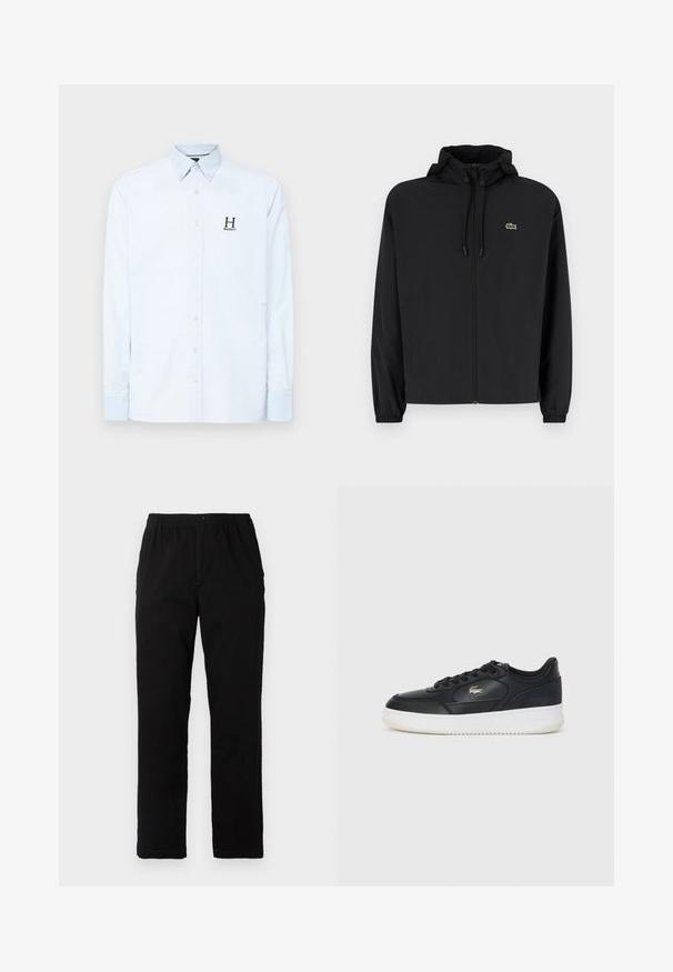 Černá zipová bunda s kapucí, vyrobená z lehkého materiálu. Má elastické manžety a malé zelené logo na levé hrudi.; Hackett London HERITAGE STRIPE - Formální košile - sky blue; Černé kalhoty vyrobené z bavlněné směsi, s rovný střih, elastickým pasem s knoflíkem a bez viditelných vzorů či akcentů.; Černé kožené tenisky s bílou podrážkou, zaoblenou špičkou, šněrováním a jemným logem na boku. Texturovaný svršek.