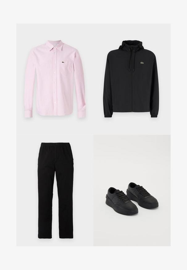 Black zip-up jacket with a hood, made of lightweight material. Features elastic cuffs and a small green logo on the left chest.; Long-sleeve shirt in pink and white vertical stripes. Features a collar, button front, and a small green logo on the chest pocket.; Black pants made of cotton blend fabric, featuring a straight cut, elastic waistband with button, and no visible patterns or accents.; Black sneakers made of smooth leather with a cushioned sole. Features include flat laces, perforations on the toe, and a sleek silhouette.