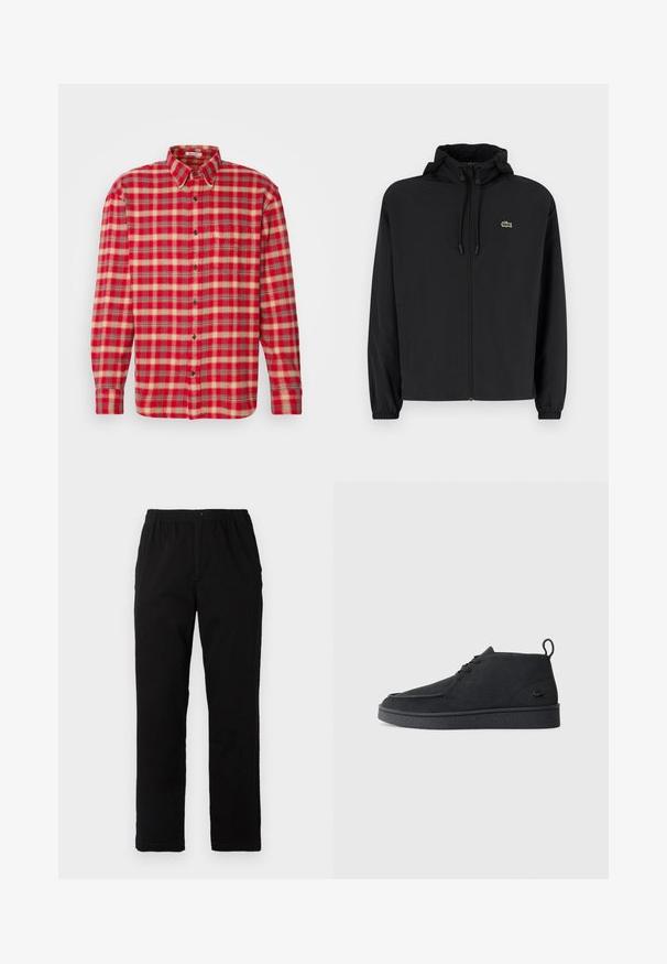 Sort zip-jakke med hætte, lavet af letvægtsmateriale. Har elastiske manchetter og et lille grønt logo på venstre bryst.; GANT CHECK SHIRT - Skjorter - ruby red; Sorte bukser lavet af en bomuldsblandingsstof, med lige snit, elastisk talje med knap, og uden synlige mønstre eller detaljer.; Sort ruskind snørebånds ankelstøvle med grebsløjfe og struktureret sål, der har et lille præget krokodillelogo på siden.