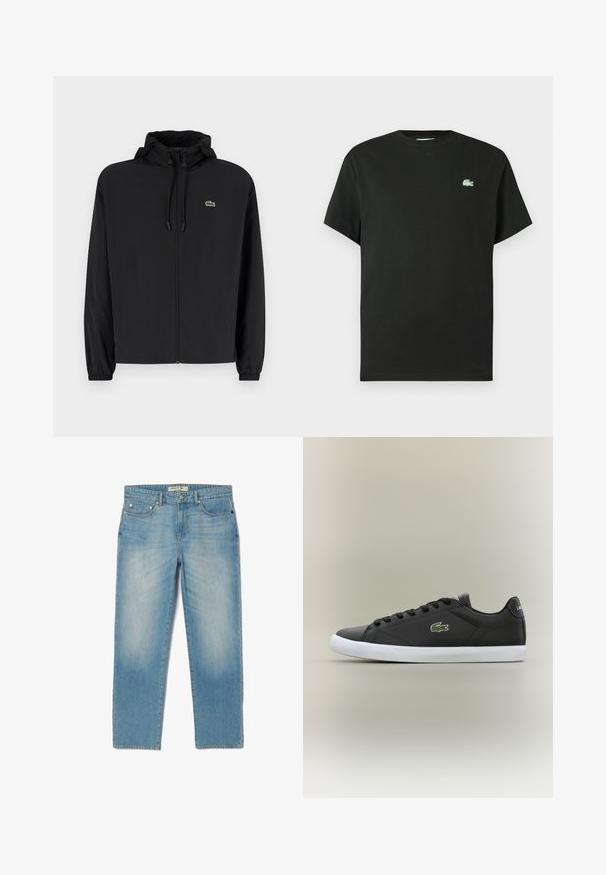 Črna jakna na zadrgo s kapuco, izdelana iz lahkega materiala. Ima elastične manšete in majhen zeleni logotip na levem prsnem delu.; Črna bombažna majica s kratkimi rokavi in okroglim izrezom, z zelenim izvezenim logotipom na levi strani prsnega koša. Gladek tekstura, sproščen kroj.; Svjetloplave traperice ravnog kroja, sa pet džepova i blagim izblijedjelim pranjem. Imaju srebrne detalje i oznaku s brendom na pojasu.; Črne usnjene superge z belo gumijasto podplatom, z zelenim krokodiljim logotipom in okroglimi vezalkami, elegantna zasnova z gladko teksturo.