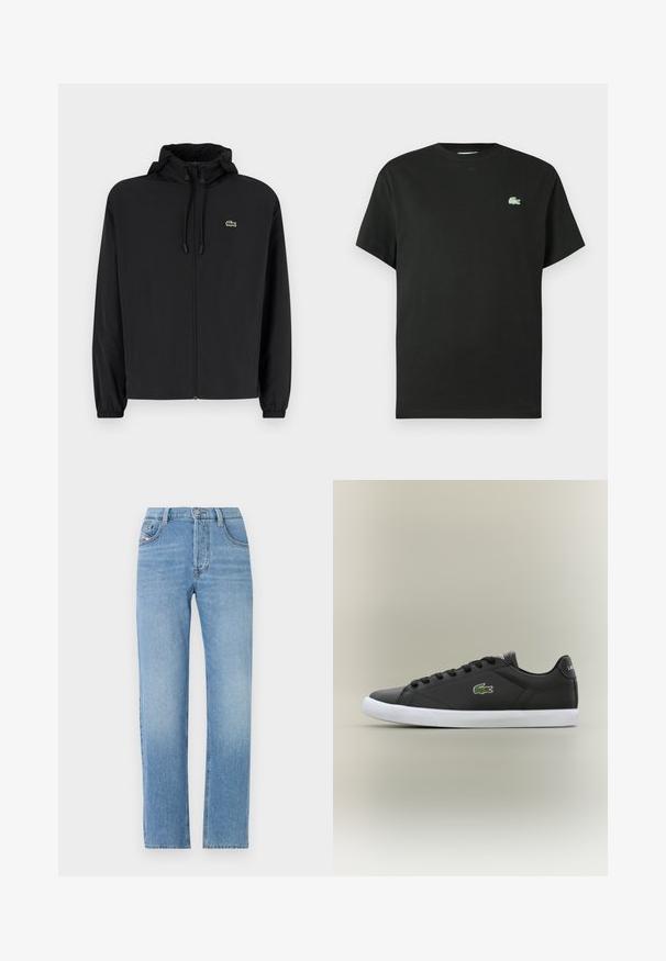 Crna jakna na zip s kapuljačom, izrađena od laganog materijala. Ima elastične manžete i mali zeleni logotip na lijevoj strani prsnog koša.; Crna pamučna majica s okruglim izrezom, kratkim rukavima i zeleno izvezenim logotipom na lijevoj strani prsa. Glatka tekstura, opuštenog kroja.; Svijetloplavi traperice s ravnim nogavicama, zatvaranje na gumb, pet džepova i suptilnom izblijedjelom teksturom. Klasična silueta traperica.; Crne kožne tenisice s bijelim gumenim potplatom, s zelenim krokodilom kao logotipom i okruglim vezicama, elegantnog dizajna s glatkom teksturom.