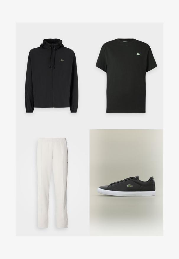 Crna jakna na zip s kapuljačom, izrađena od laganog materijala. Ima elastične manžete i mali zeleni logotip na lijevoj strani prsnog koša.; Crna pamučna majica s okruglim izrezom, kratkim rukavima i zeleno izvezenim logotipom na lijevoj strani prsa. Glatka tekstura, opuštenog kroja.; Lacoste Donji dijelovi trenirke - hammam; Crne kožne tenisice s bijelim gumenim potplatom, s zelenim krokodilom kao logotipom i okruglim vezicama, elegantnog dizajna s glatkom teksturom.
