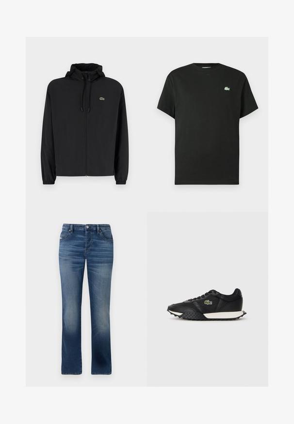 Svart zip-up jakke med hette, laget av lett materiale. Har elastiske mansjetter og en liten grønn logo på venstre bryst.; Svart bomulls t-skjorte med rund hals, korte ermer og en grønn brodert logo på venstre bryst. Glatt tekstur, avslappet passform.; Mørkeblå denimjeans med rett ben, med frontlommer, subtil fading og en klassisk knappeåpning i livet.; Sorte joggesko med en glatt lærfinish, som har en teksturert gummisåle, hvit mellomsåle og en grønn brodert logo på siden.