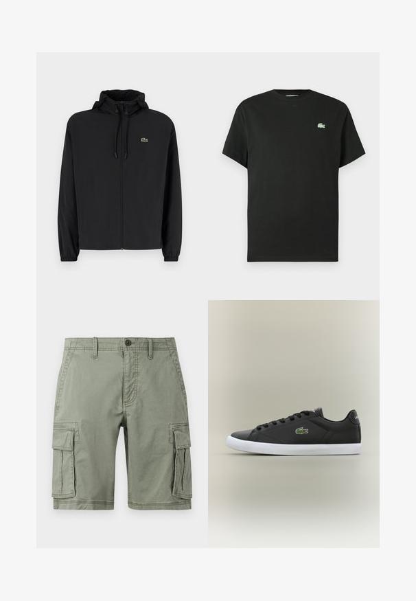 Giacca nera con zip e cappuccio, realizzata in materiale leggero. Caratterizzata da polsini elasticizzati e un piccolo logo verde sul petto sinistro.; Maglietta nera in cotone con scollo a girocollo, maniche corte e logo ricamato verde sul lato sinistro del petto. Tessuto liscio, vestibilità comoda.; Pantaloni cargo verdi realizzati in misto cotone, dotati di due tasche laterali, chiusura con bottone e design a gamba dritta.; Sneaker nere in pelle con suola in gomma bianca, dotate di logo verde a forma di coccodrillo e lacci rotondi, design elegante con texture liscia.